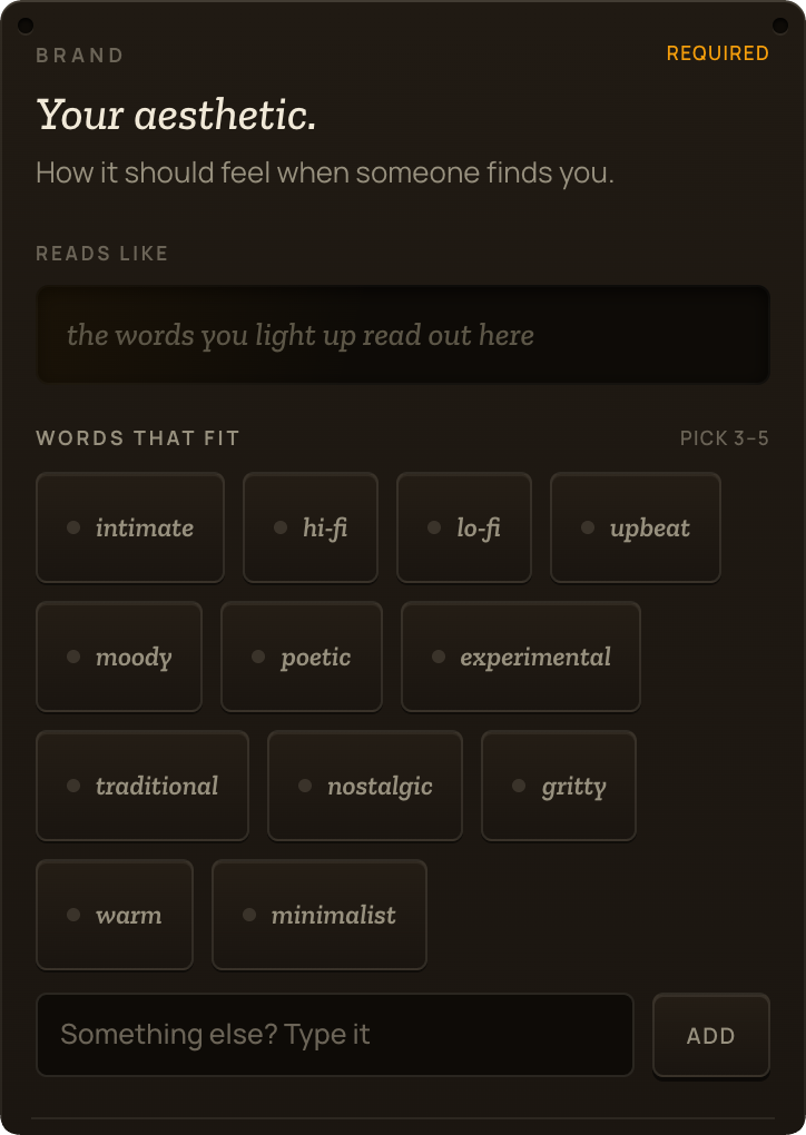 Onboarding card: your aesthetic, with words that fit your sound