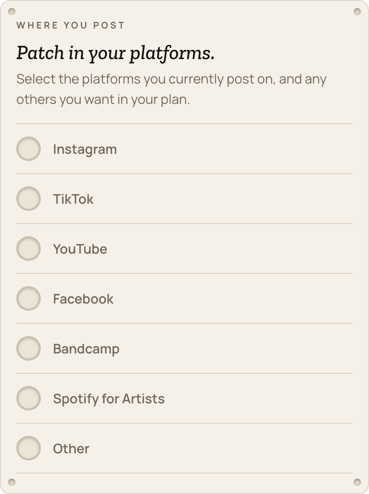 Onboarding card: patch in your platforms