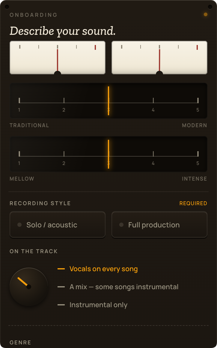 Onboarding card: describe your sound, with tone sliders and a genre triangle